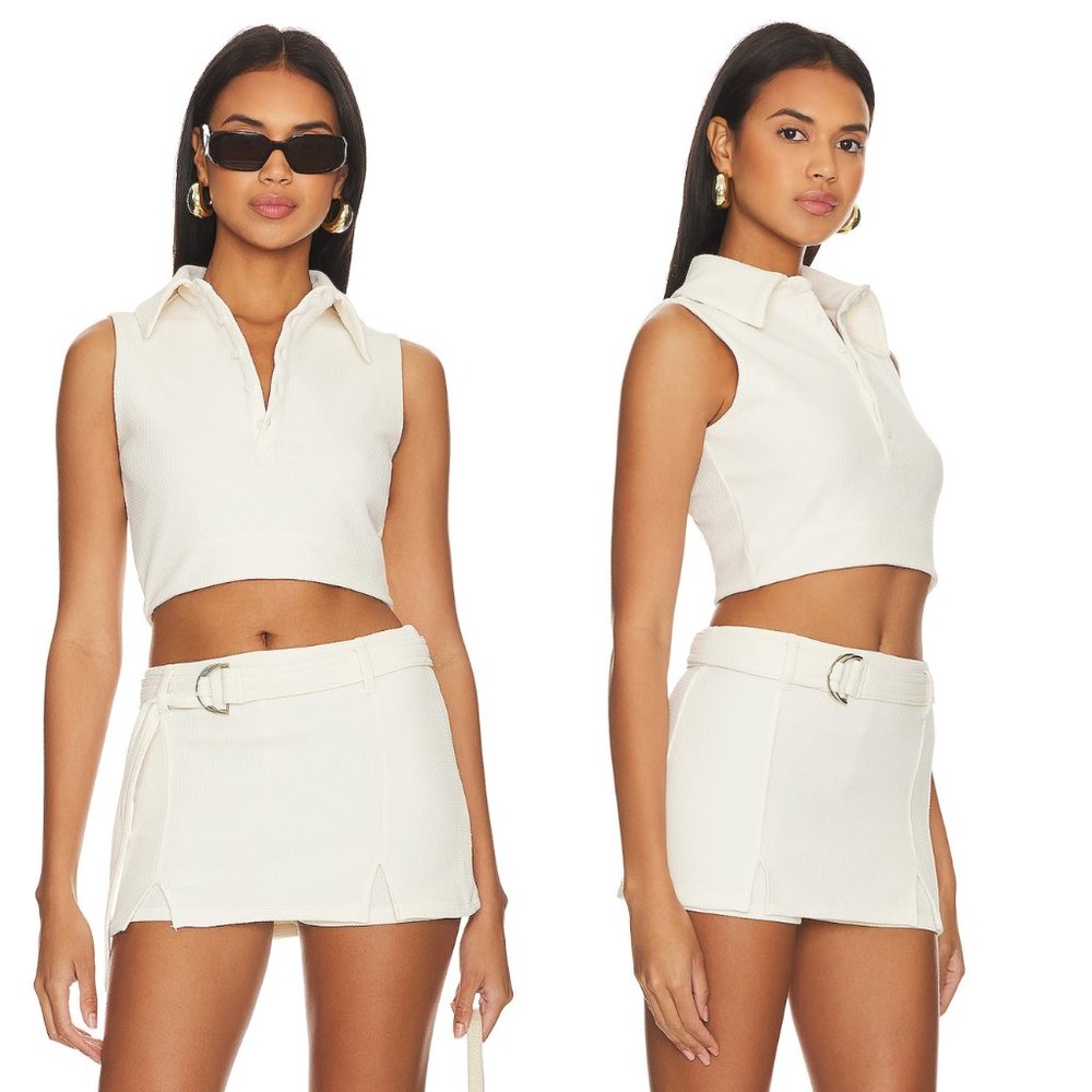 Camila Coelho Ivory Beja Waffle Tennis Prep Collared Preppy Crop Top XXS - Picture 11 of 11